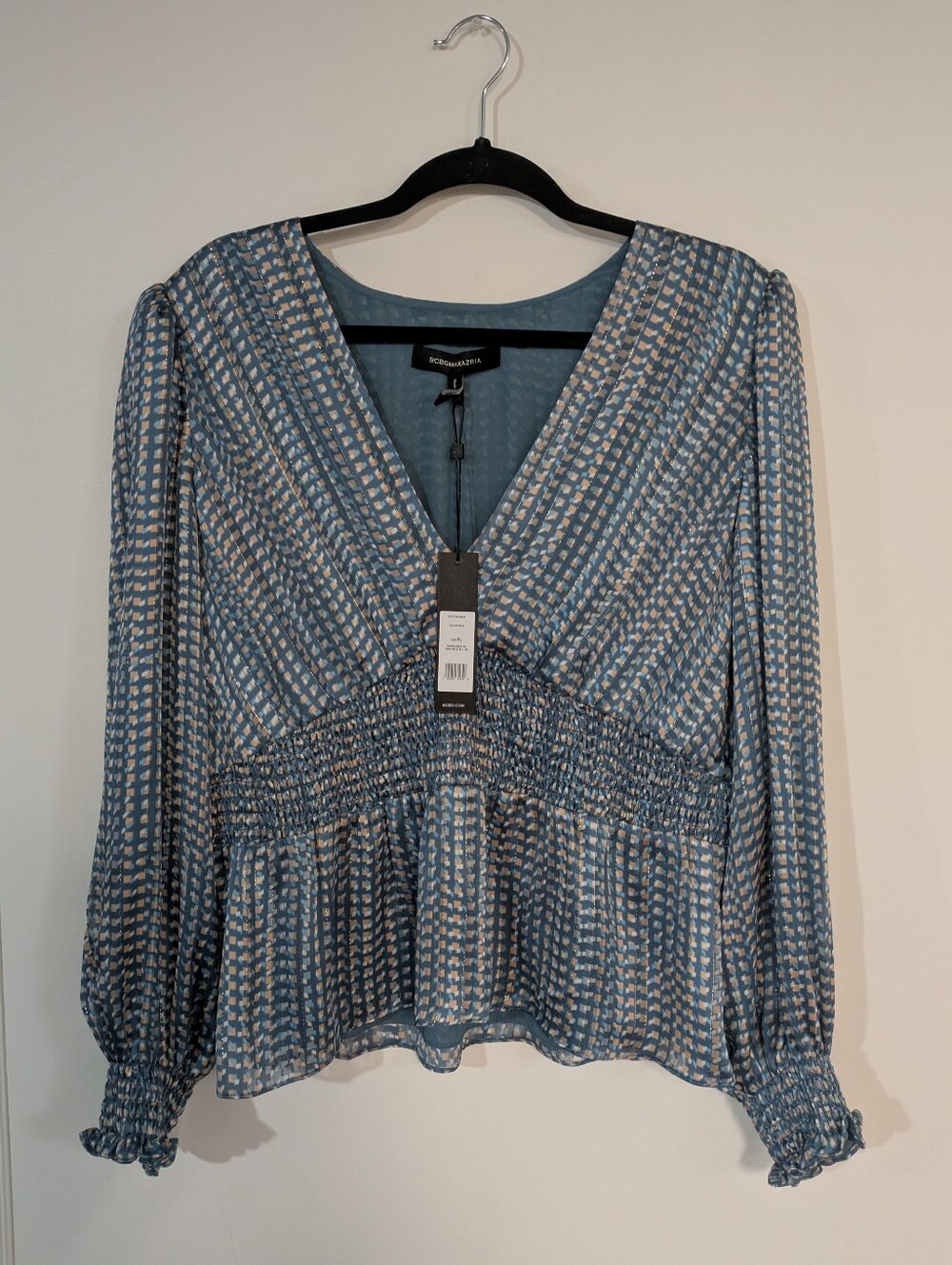 BCBG Max Azria Metallic Smocked Puff Shoulder Blouse Top